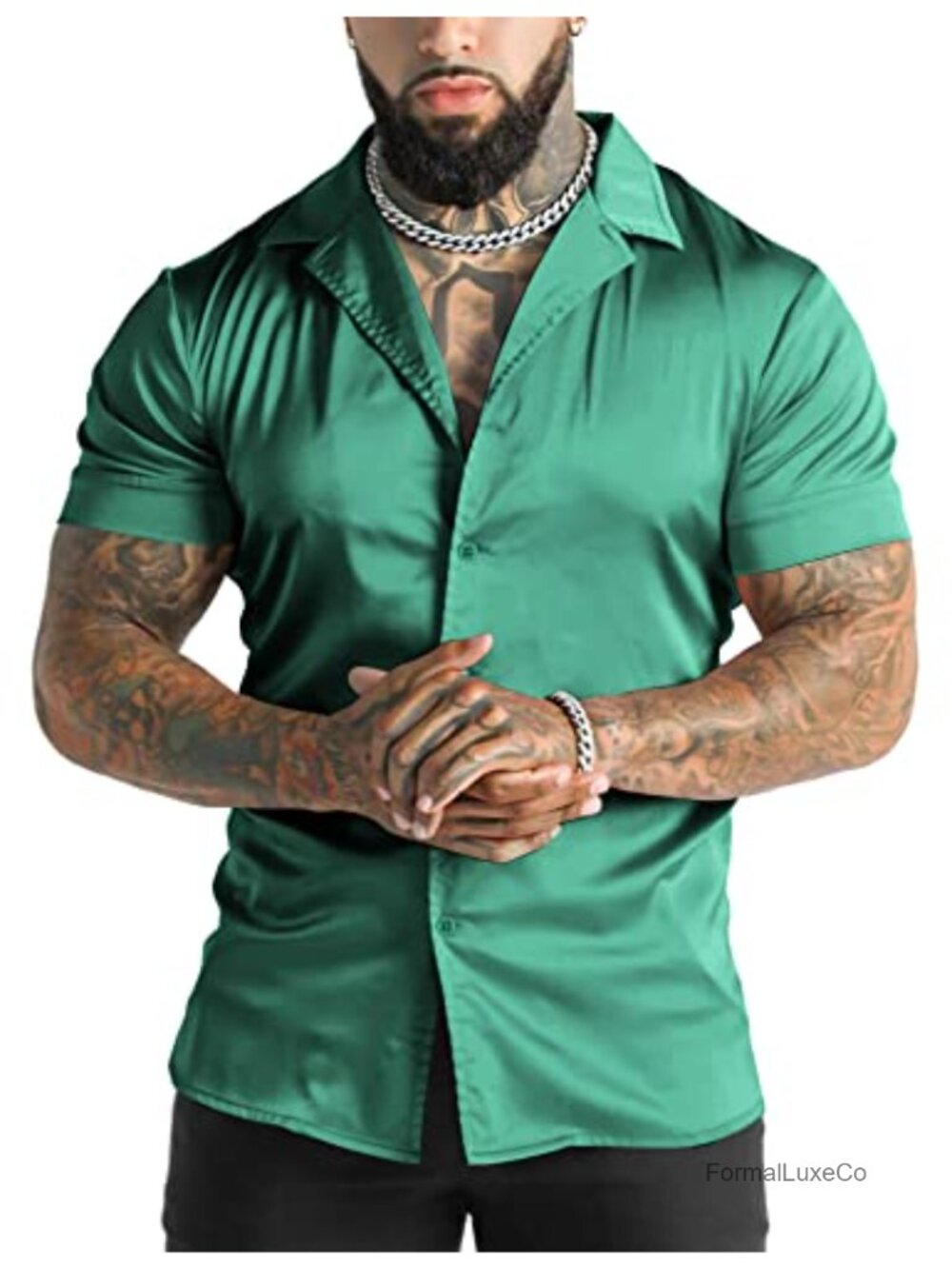 Men's Shiny Satin Silk Like Short Sleeve Cuban Collar Slim Fit Button Up Dress